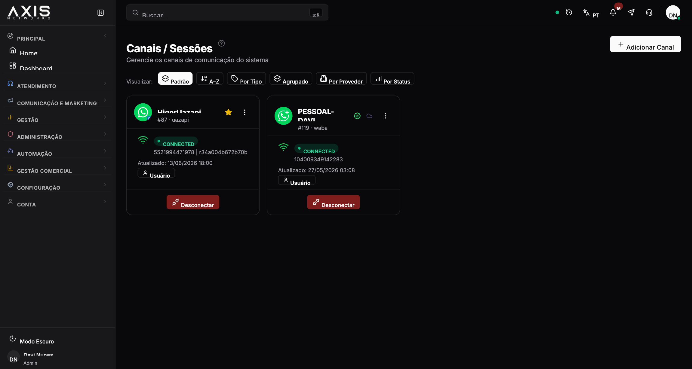Atende-Ai — Canais conectados